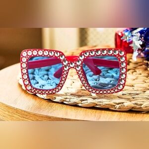 WAY TO CELEBRATE Patriotic‎ Red Bling Costume Sunglasses Rhinestones W/Blue Lens